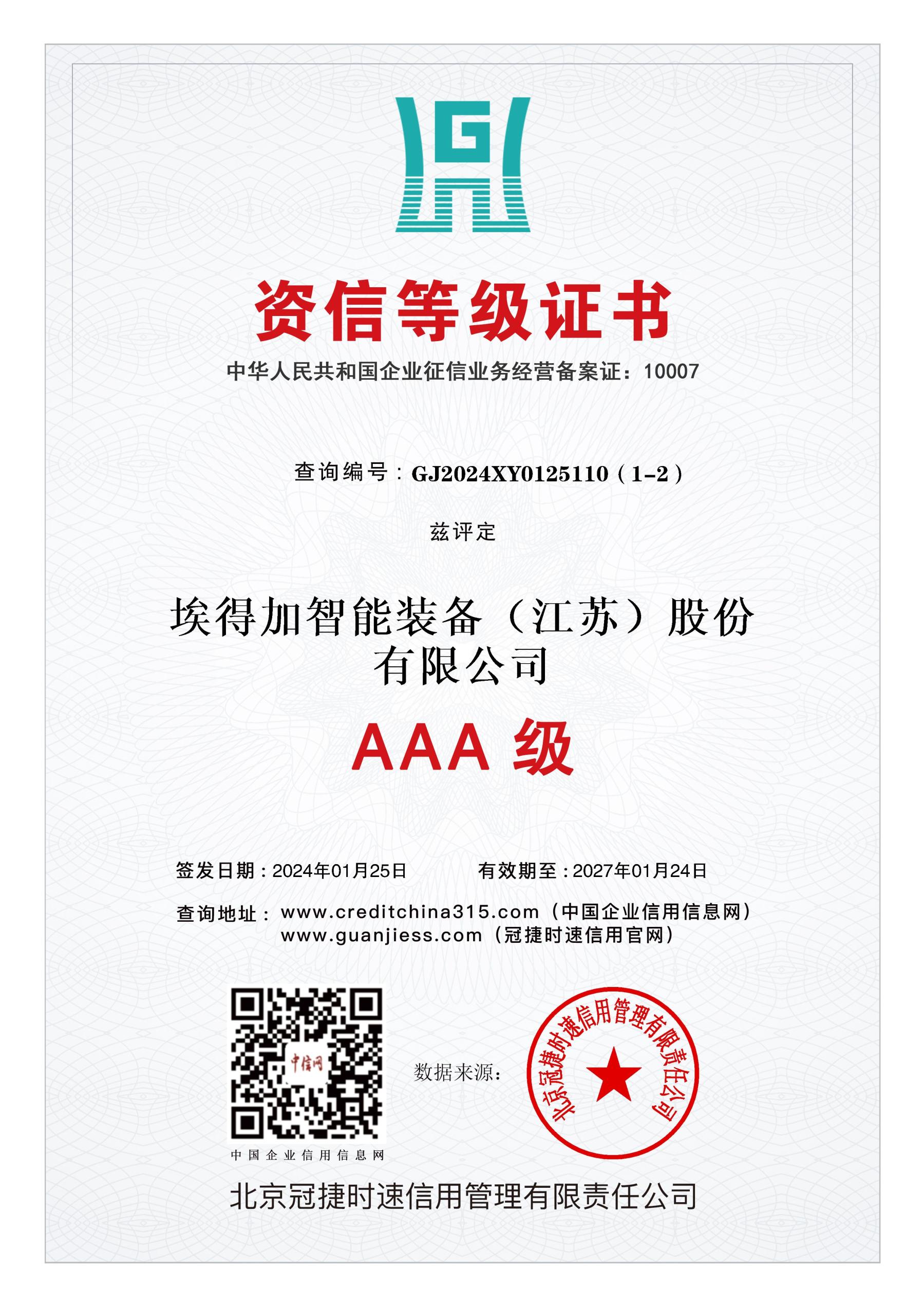 AAA資信等級(jí)證書(shū)